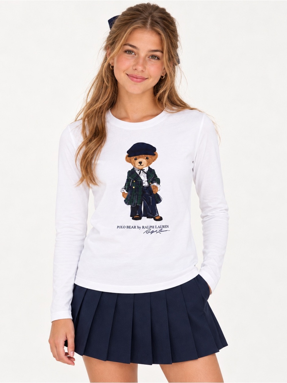 Polo Ralph Lauren Girls L White Polo Bear Long Sleeve Cotton Tee 12-14